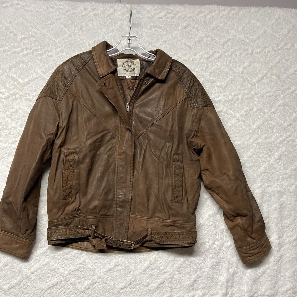 Vintage global identity Leather Bomber Jacket Brown Patchwork Belted Size M READ